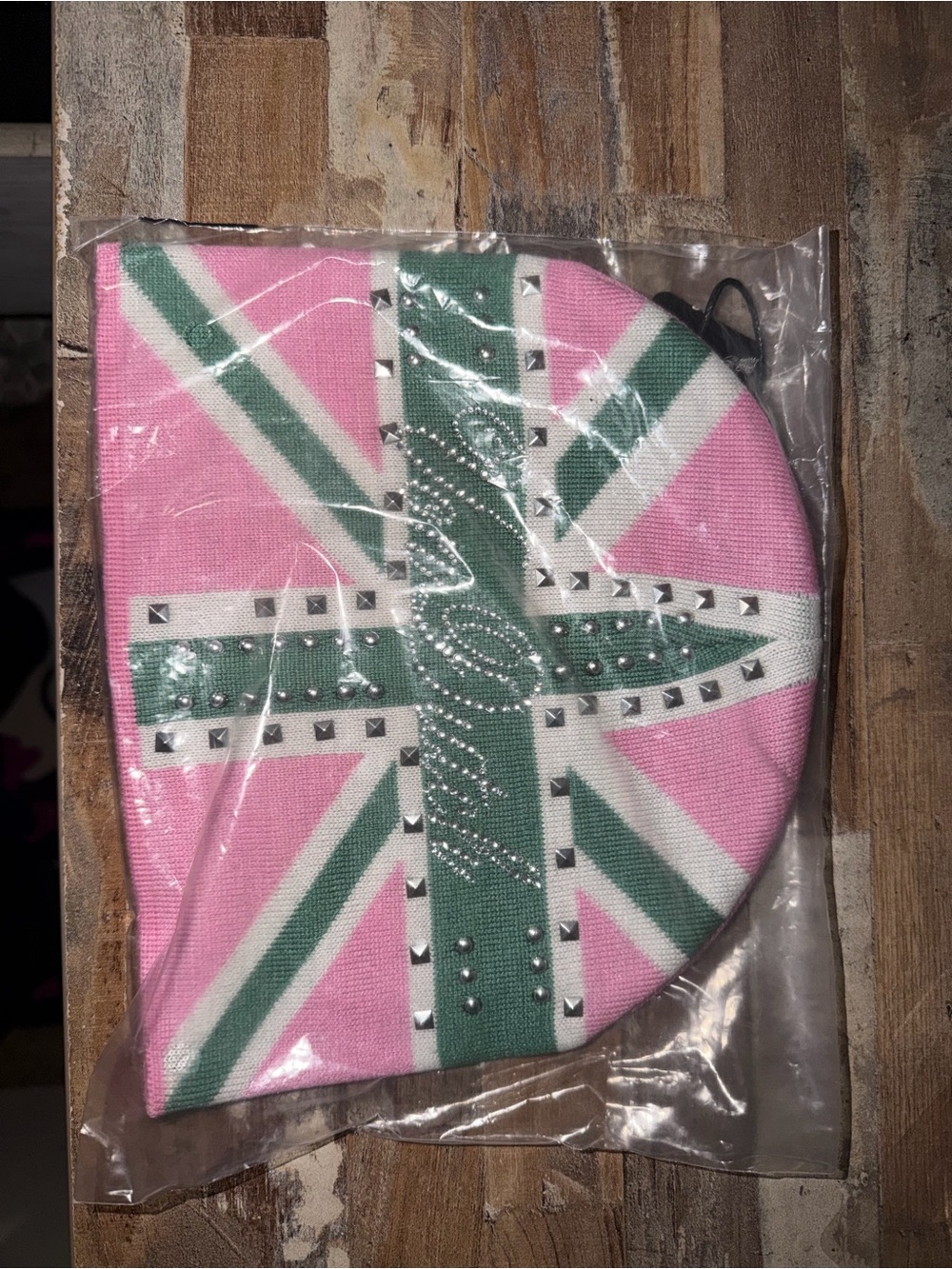 Von Dutch Pink & Green Studded Flag Beanie